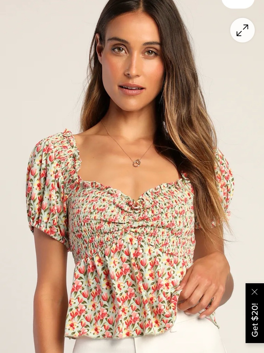 Lulu’s Floral Smocked Puff Sleeve Top - White with Pink Floral